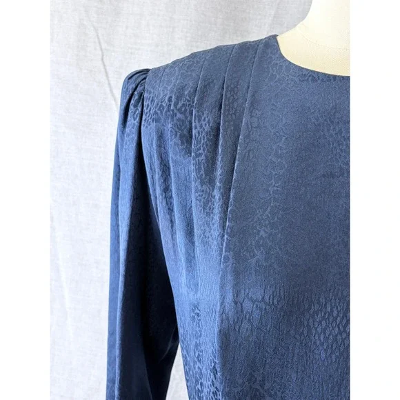 Argenti Vintage 80s Silk Leopard Jacquard Drop Waist Dress Navy 10 Dark Academia - Picture 3 of 8